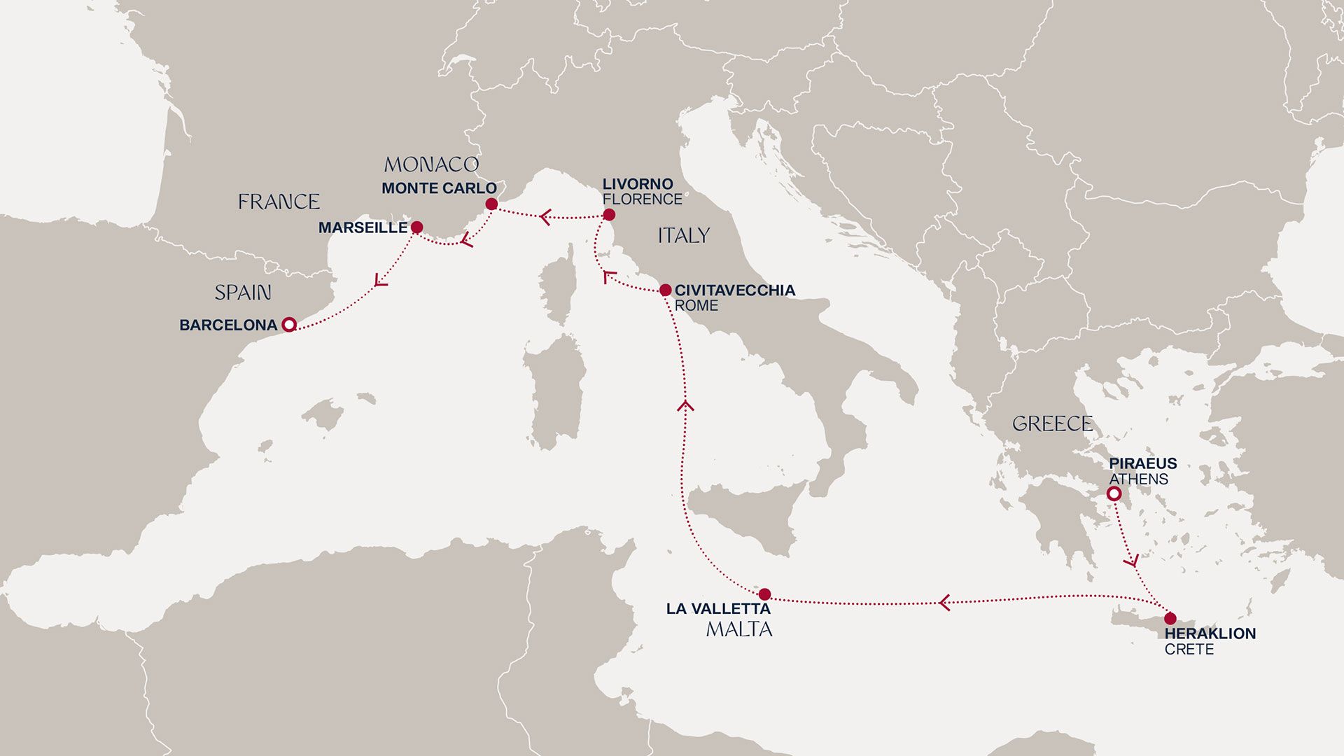 A Journey from Athens to Barcelona Itinerary Map