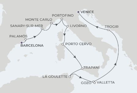14-Night Barcelona To Venice 5/27/25 Itinerary Map