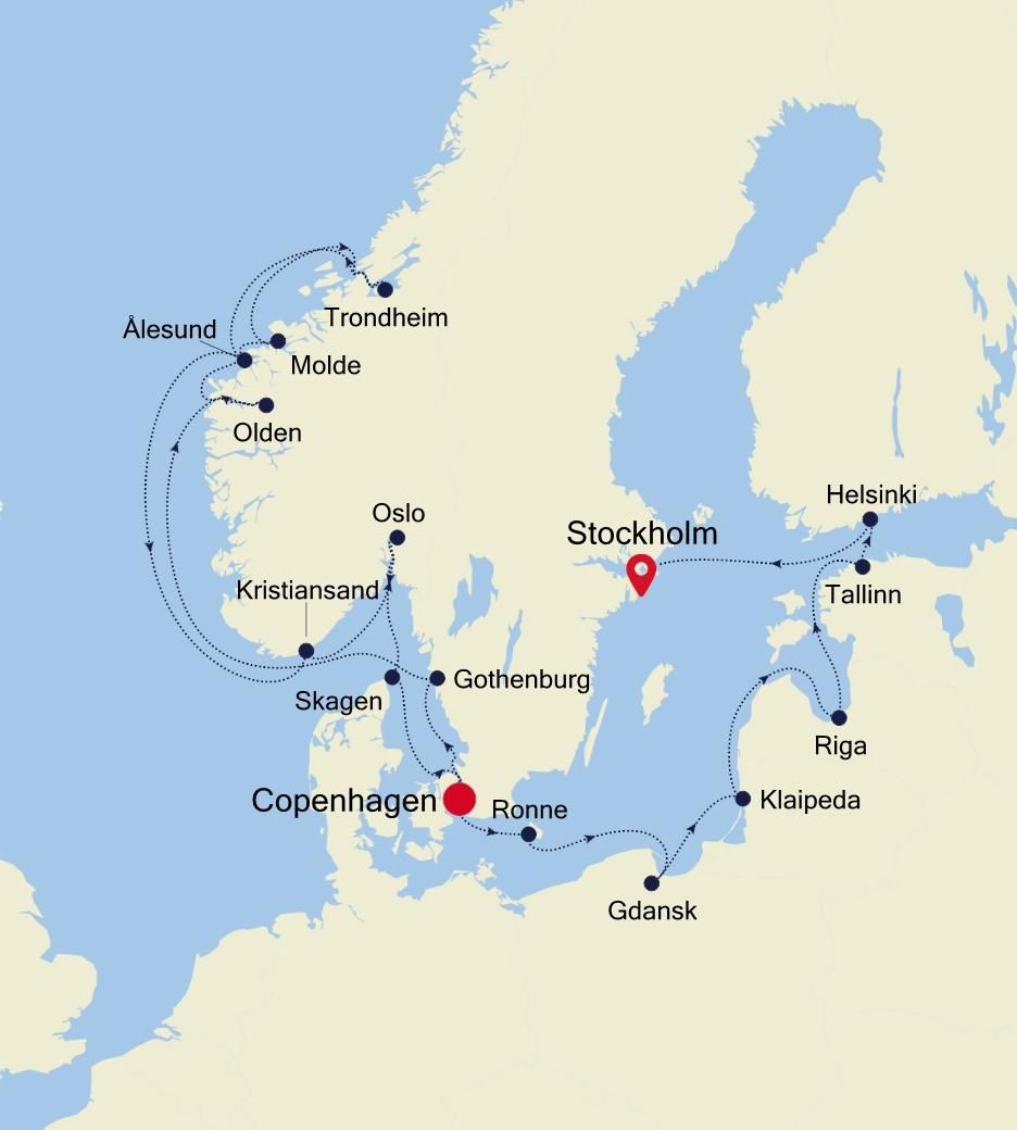Northern Europe Special Voyage: Copenhagen to Stockholm Itinerary Map